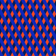 Vector abstract geometric seamless pattern. Simple neon blue and red diagonal stripes, lattice, grid. Optical illusion effect. Vibrant modern background texture. Repeat design for decor, print, wrap