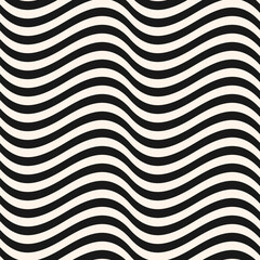 Ð¡urved wavy lines vector seamless pattern. Simple texture with black and white waves, stripes. Dynamic 3D effect, illusion of movement. Abstract ripple background, flow, fluid surface. Repeat design