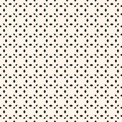 Black and white seamless minimalist pattern with small floral silhouettes, dots. Abstract minimal monochrome geometric background. Simple geo ornament texture. Repeated vector design for decor, print