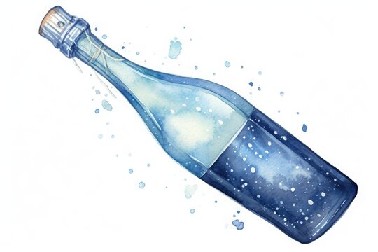 blue, drawn watercolor champagne bottle and glass on white background. Christmas and New Year. holiday party
