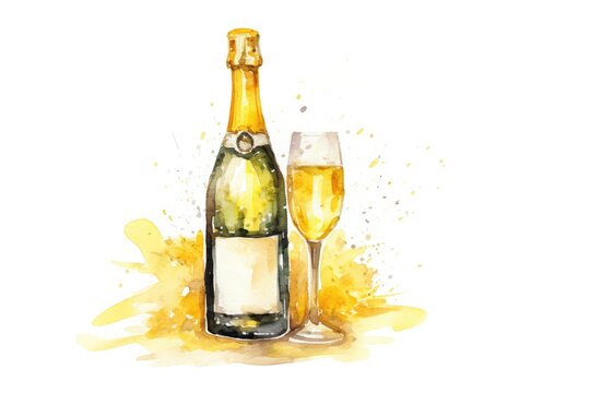 yellow, orange and gold, drawn watercolor champagne bottle and glass on white background. Christmas and New Year. holiday party