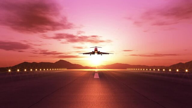 Front view of airplane landing during beautiful pink sunset. 3D animation. 4k.