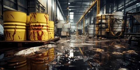 Toxic chemical spill in a factory, with hazardous materials - obrazy, fototapety, plakaty