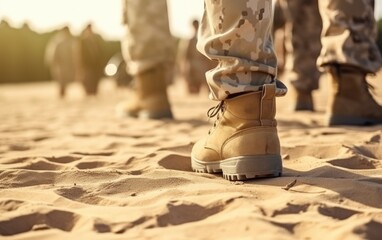Man soldier leg in uniform and boots on the sand ground. Army defense, mobilization and conscription