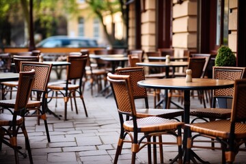Empty table in outdoor cafe or restaurant. Tables and chairs at sidewalk cafe. Empty outdoor european cafe. Outdoors restaurant. Vacant tables. 