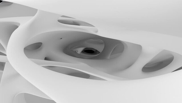 Flight through white abstract surreal organic alien structure in curve wavy bio forms. Seamless looping. 3D Animation. 4k. 3840x2160.