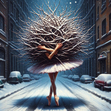 Surreal picture of a ballerina in thorn branches.