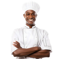 Cheerful mature Afro American cook man posing and smiling at camera, chef in an apron png format on transparent background Fictional Person, Generative AI