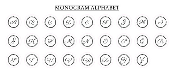 Monogram Alphabet and Floral Motifs, Monogram Letters with Line Floral Arrangements
