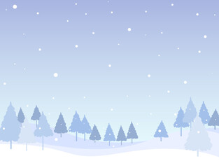 A vector illustration of a forest landscape with light blue snowfall.