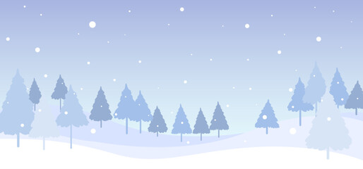 A vector illustration of a forest landscape with light blue snowfall.