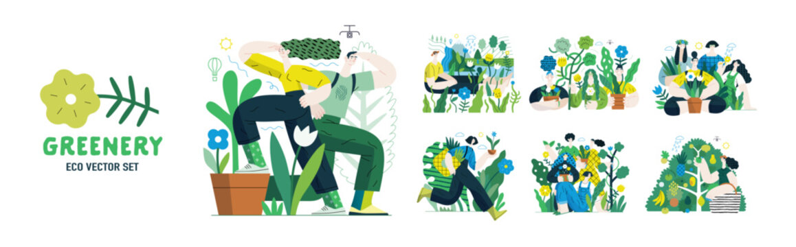 Greenery, ecology -modern flat vector concept illustration of people and plants. Metaphor of environmental sustainability and protection, closeness to nature, green life, ecosystem and biosphere