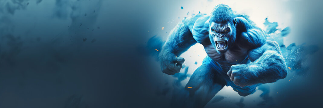 Angry blue Gorilla panoramic banner with copy space