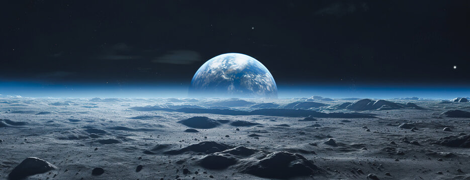 Landscape of moon lunar surface with Earth appearing in the horizon. Panoramic design