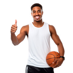 Obraz premium Happy young African American man holding basket ball in hands and doing thumbs up at camera. Isolated over white transparent background
