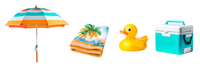 Summer collage pack with beach umbrella, beach towel, rubber duck and cooler on white transparent background