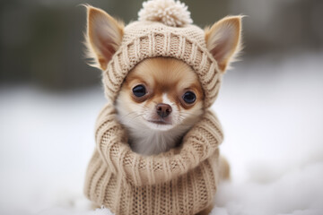 Cute Chihuahua in Beige Winter Beanie and Sweater, Close-Up Face Shot with Shallow Depth of Field Against a Snowy Backdrop