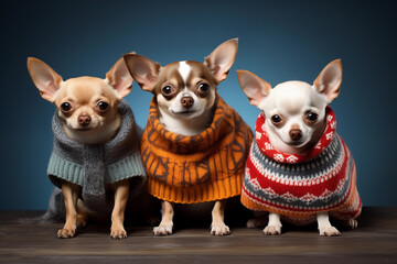 Trio of Adorable Chihuahuas in Wool Sweaters: Studio Shot Capturing Winter Clothing Cuteness