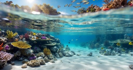 Crystal-clear water of an ultra-realistic ocean scene, gentle waves lapping against a pristine - Generative AI