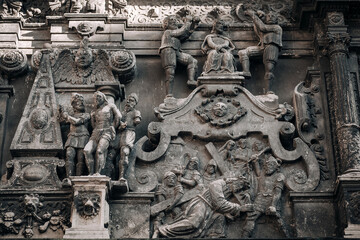 Old facade of the Boim Chapel in Lviv. Reliefs from the lives of the holy apostles and Jesus Christ...