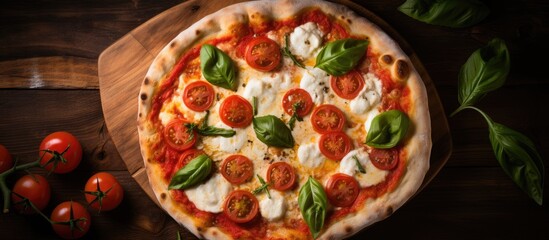 A pizza Margherita seen from above on a table.