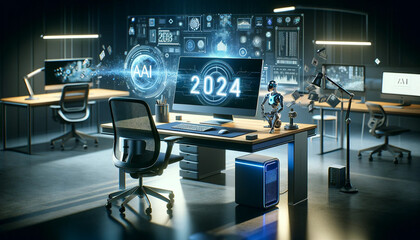 The image now shows a modern workplace with a desktop computer setup, where both the monitor and an additional display next to it prominently show the number '2024'.