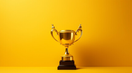 A golden trophy against a yellow background is a striking image of success and achievement. ai generated. - obrazy, fototapety, plakaty