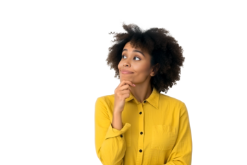 Young afro woman over isolated chroma key background and thinking Looking Up in Yellow Shirt