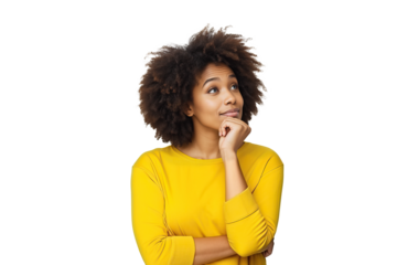 Woman in Yellow Shirt Looking Up. isolated on green chroma background