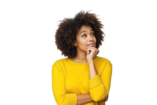 Woman in Yellow Shirt Looking Up. isolated on green chroma background