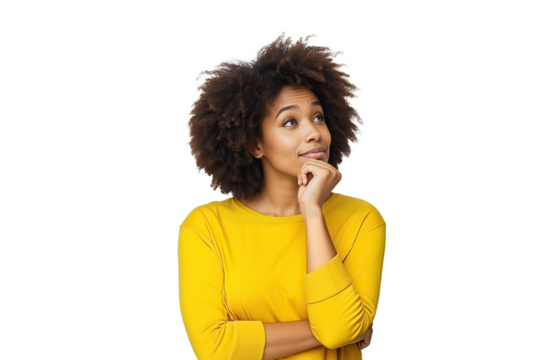 Woman in Yellow Shirt Looking Up. isolated on green chroma background