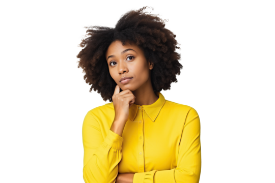 A Woman in a Yellow Shirt Contemplating. isolated on green chroma background