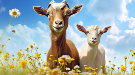 Funny goats standing among blooming dandelions against a dark blue sky. Mom and baby. generative ai