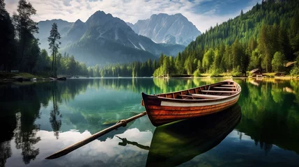 Poster Im Rahmen wooden boat on a mooring mountain lake. Wooden boat parked next to a old wooden dock with mountains on background. Reflection of the forest in the green water © Boraryn