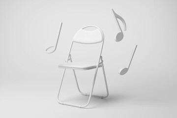 White folding chair and musical notes on white background in monochrome and minimalism. Illustration of the concept of the group game musical chairs