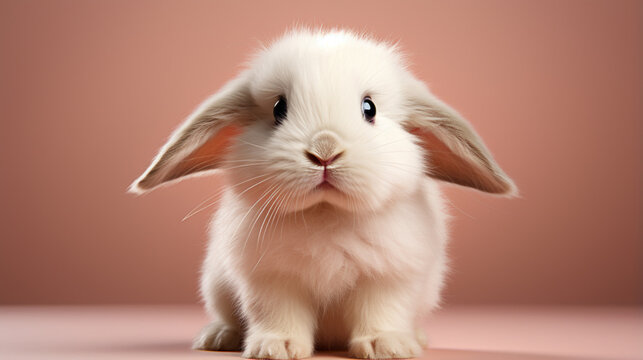 Front view of white cute baby holland lop rabbit standing on pink background. generative ai