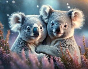 Two cute hugging koala bears in heather garden in winter, snowflakes falling. 