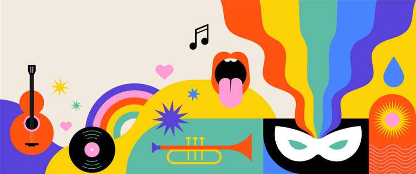 Happy Carnival, colorful geometric background with splashes, speech bubbles, masks and confetti 