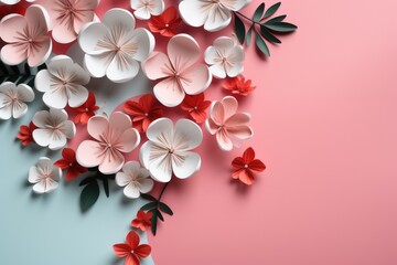 White and pink sakura flowers in cut paper, origami style. Floral background, banner, quilling