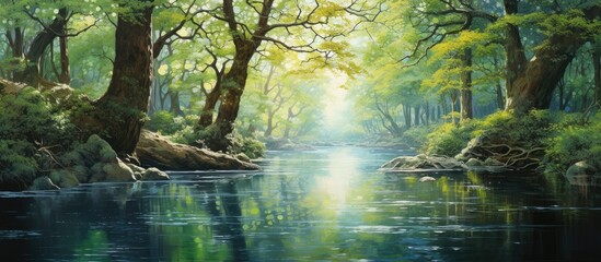 is a stunning painting with tree reflections in the river.