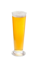Glass of light beer with foam isolated on white background