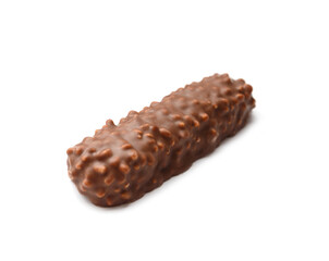 Crispy chocolate bar in milk chocolate isolated on white background.