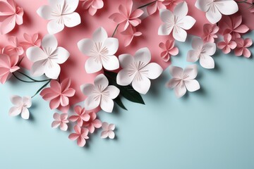 White and pink sakura flowers in cut paper, origami style. Floral background, banner, quilling - obrazy, fototapety, plakaty