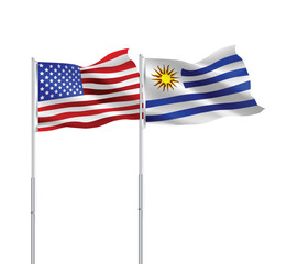 American and Uruguay flags together.USA,Uruguay flags on pole