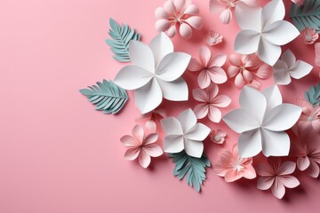 Fototapeta na wymiar White and pink sakura flowers in cut paper, origami style. Floral background, banner, quilling