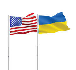 American and Ukrainian flags together.USA,Ukraine flags on pole