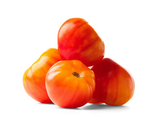 Yellow-red striped tomatoes on a white background.
