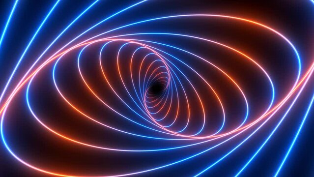 Minimal spiral in infinite rotation. Funky backdrop in retro style. Shiny swirl in blue and red neon colors. Seamless vj loop for event, party, carnival, celebration, anniversary or other.