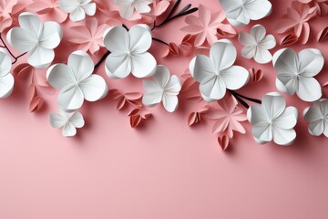 Fototapeta na wymiar White and pink sakura flowers in cut paper, origami style. Floral background, banner, quilling