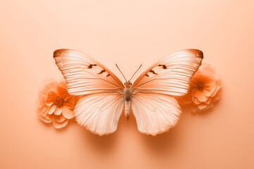 Delicate peach fuzz butterfly resting on flowers on minimal background. Modern trendy tone hue shade